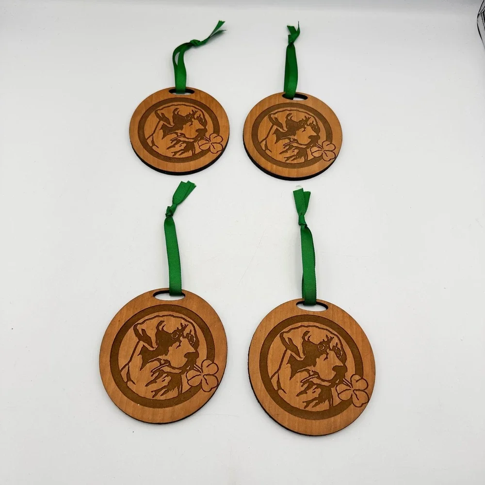 Set of 4 Retriever Dog Wood Ornaments St Patricks Day Clover Laser Engraved 3.5